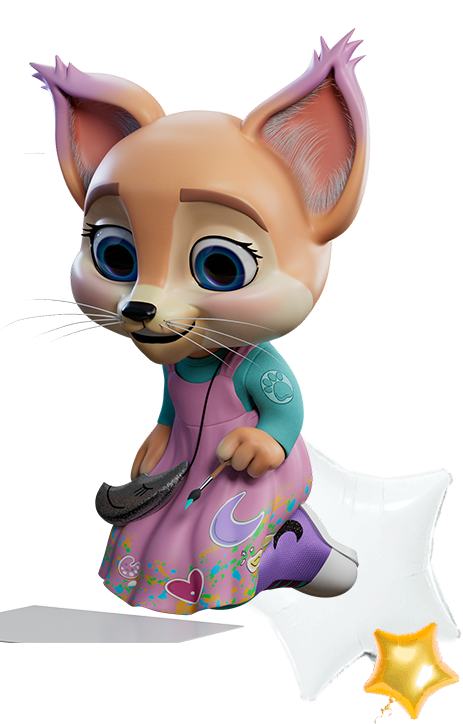 A cartoon fox in a colorful outfit holding a paintbrush